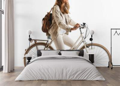 Woman with bicycle, white background Wall mural